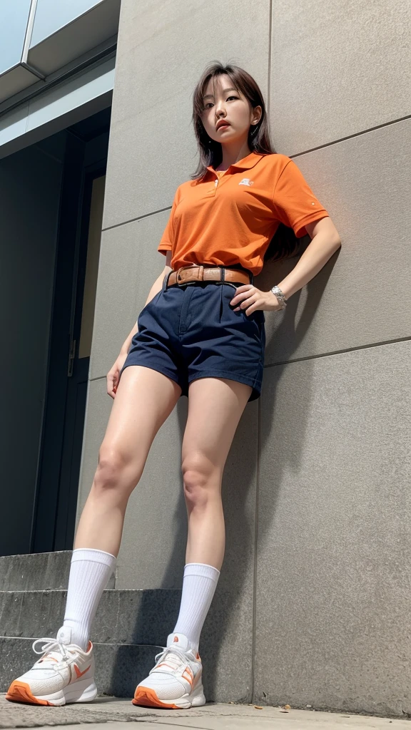 From below, a South Korean woman in her 40's standing. She is wearing an orange polo shirt, belt, beige chino shorts, white knee-high socks, and white tennis shoes. Her shoes are visible.