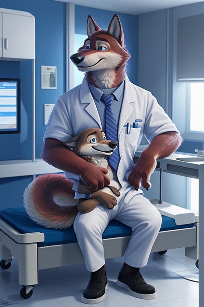 Joachim Wolfbach (Zootopia),tall handsome, wolf,young, 24 years, brown fur,(red body:1.3),Blue eyes, Moscow Dressed, red headdress,in a white medical gown,shirt pants,shoes,tie,black pantsblue, stethoscope, pediatrician,canine, wolf, detailed fur, Male, antro, paw pads, finger claws,Prays, at viewer, 5 fingers, paws, 5 fingers, smile, happy, resting, wrist watch,stethoscope,looks at the monitors, т nextel, sitting at home in the medical intensive care unit,by xenoforge, (difficult, high detail, digital, photo, soft focus, RAW, pilot by training,ulba,tender, very kind, sincere, advises, patient, детский pediatrician, 
photorealism, realistic, photorealistic, analog style, subsurface scattering, 
masterpiece, Best quality, ultra realistic, 8 K)