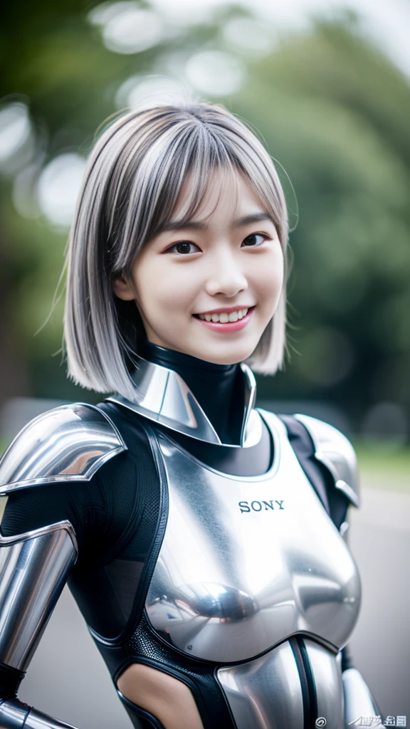 16K Ultra HD,Sony Master Lens,Top quality,Jilin female model,Sexy hot strong body,muscular,Very tall body,Elongated face shape1.3,whole body,Smile,Silver short hair,Futuristic sci-fi mechanical tights,outdoor