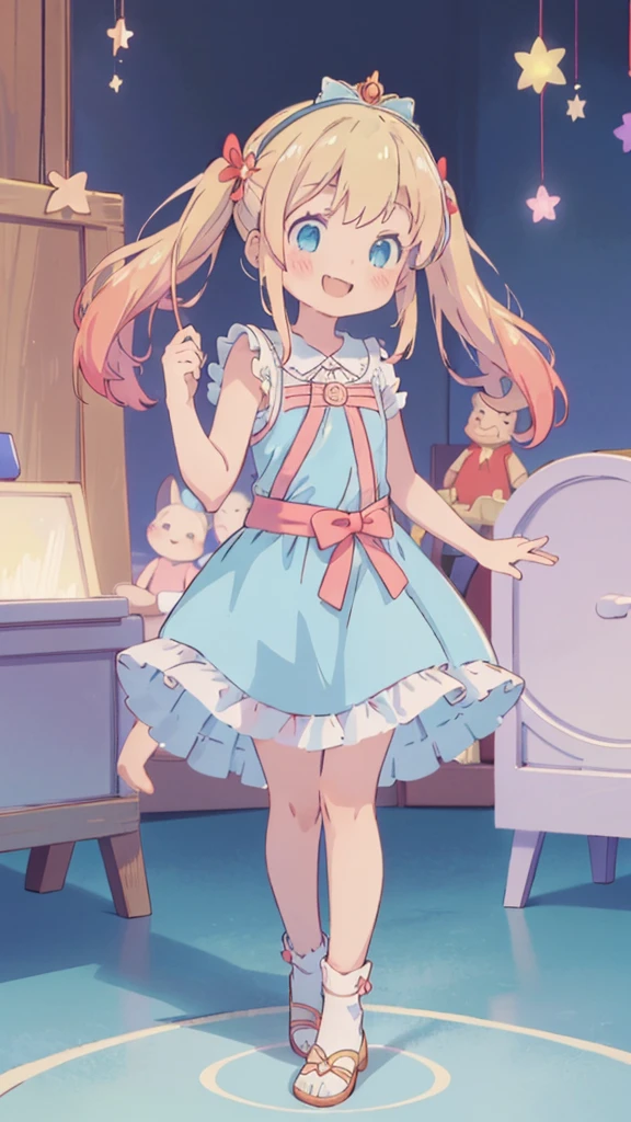 ((masterpiece))((Highest quality))girl、smile、blush、Flat Chest、Are thin、Blonde Hair、blush、Are standing、Whole body image、Eye level to the feet、front、No background、真frontのアングル、Blue clothes、Two-tone red and blue hair、Twin tails、Red Alice outfit