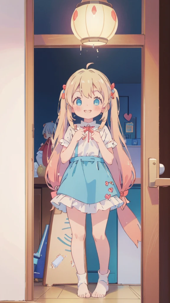 ((masterpiece))((Highest quality))girl、smile、blush、Flat Chest、Are thin、Blonde Hair、blush、Are standing、Whole body image、Eye level to the feet、front、No background、真frontのアングル、Blue clothes、Two-tone red and blue hair、Twin tails、Red Alice outfit