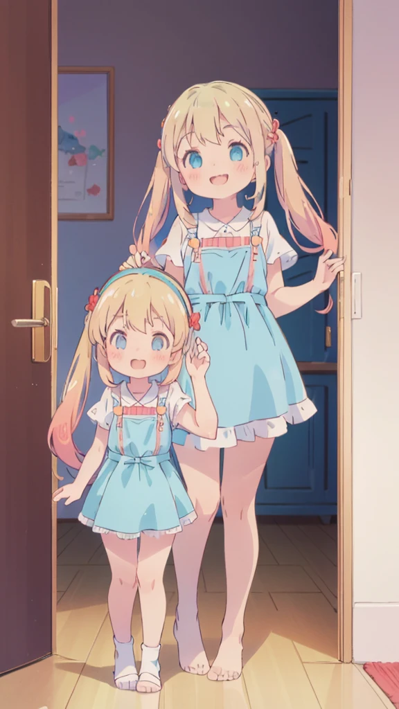 ((masterpiece))((Highest quality))girl、smile、blush、Flat Chest、Are thin、Blonde Hair、blush、Are standing、Whole body image、Eye level to the feet、front、No background、真frontのアングル、Blue clothes、Two-tone red and blue hair、Twin tails、Red Alice outfit