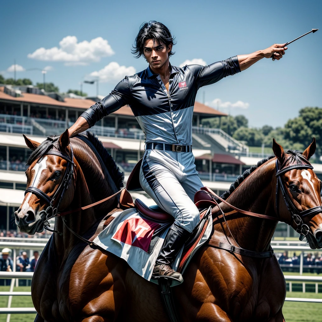 One man that is a muscular, attractive, black hair with somewhat tan skin, brown eyes, sharp jawline, thick eyebrows, racing silks outfit with bright and colorful colors inspired by polo men. Horse race track in the background With people riding horses.