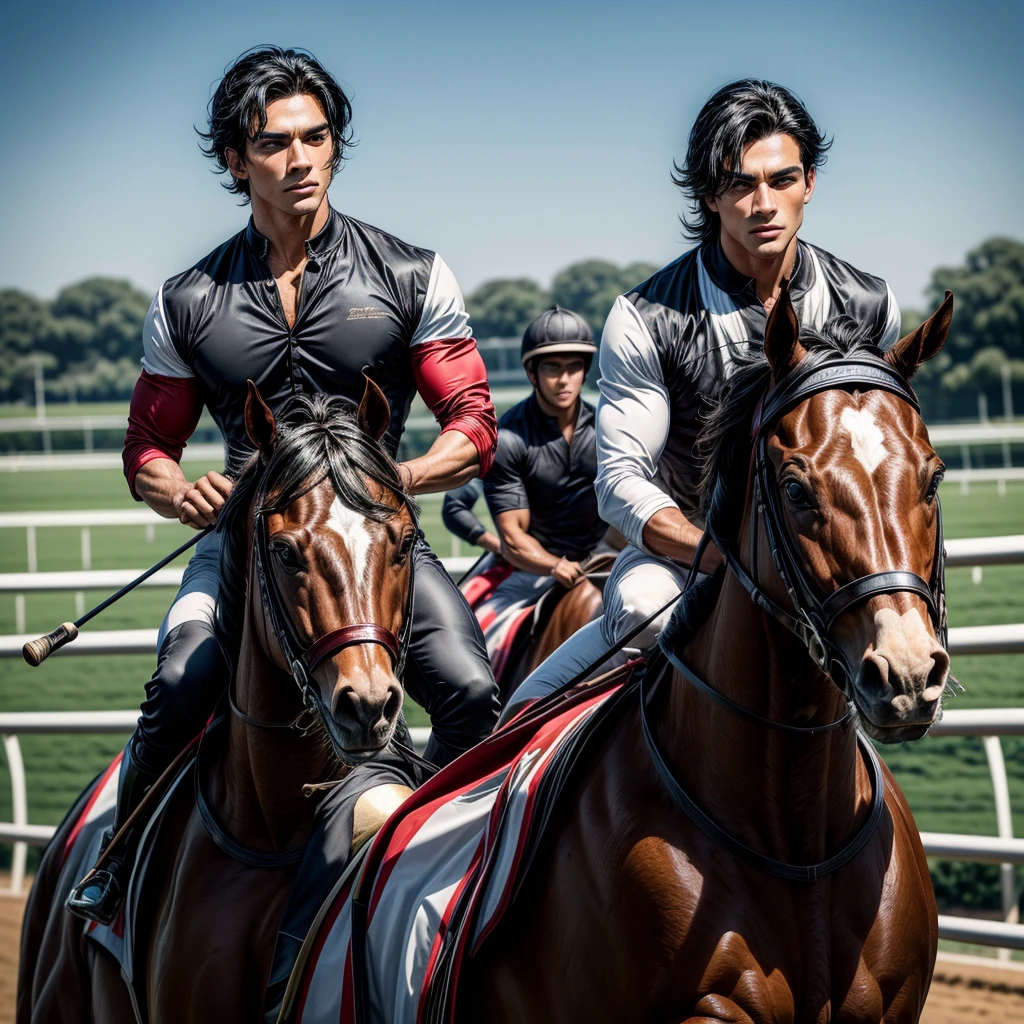 One man that is a muscular, attractive, black hair with somewhat tan skin, brown eyes, sharp jawline, thick eyebrows, racing silks outfit with bright and colorful colors inspired by polo men. Horse race track in the background With people riding horses.