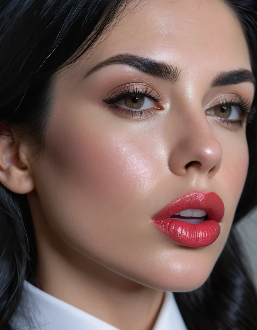 Hyperrealistic, photorealistic, mature girl, ( girl doing blowjob) ( juicy lips) highly detailed skin, perfect face, blowjob, cum on her face, tie hair, z black hair, ( beautiful face,beautiful lips) 4k texture, 8k quality, cinematic look, dim light, one person filming, one person picture, blowjob