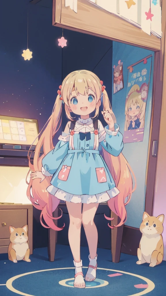 ((masterpiece))((Highest quality))girl、smile、blush、Flat Chest、Are thin、Blonde Hair、blush、Are standing、Whole body image、Eye level to the feet、front、No background、真frontのアングル、Blue clothes、Two-tone red and blue hair、Twin tails、Red Alice outfit