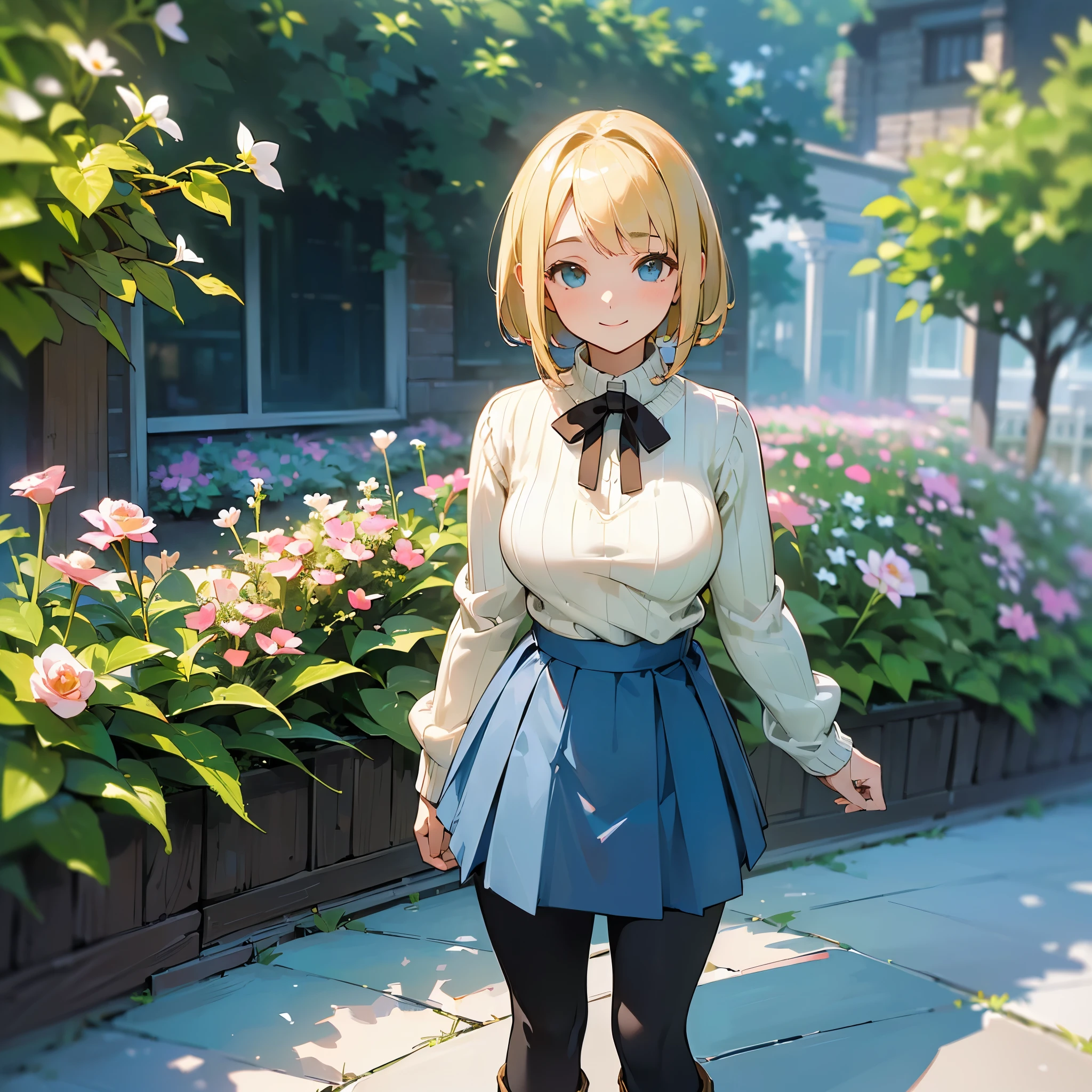 (high quality, High resolution, Very detailed, reality:1.37), Peaceful atmosphere, (Outdoor, garden), Teenage girl standing alone, (my breasts are big.), Beautiful details, Cute Smile, (Blonde Bob Hair), Ribbed sweater, Blue Skirt, Black tights, Brown boots.