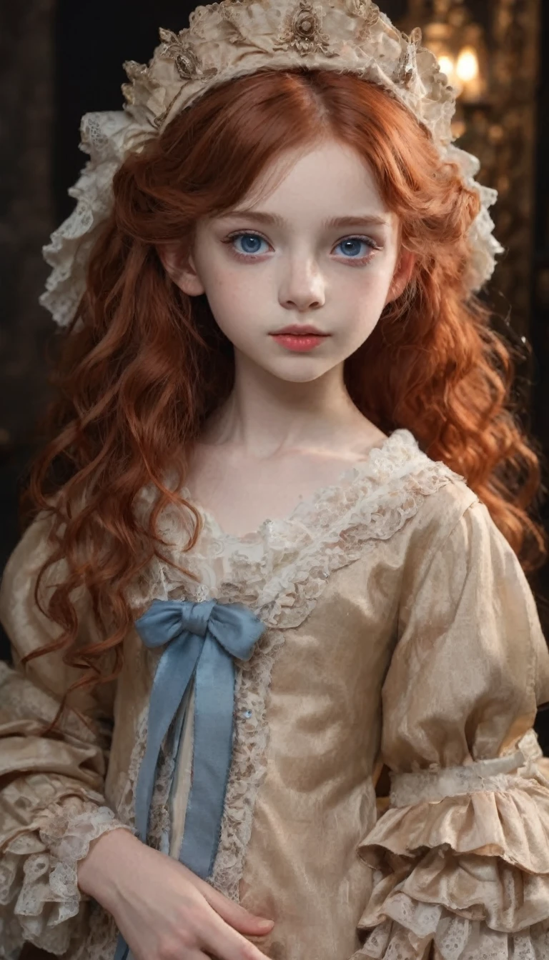 In a rococo atelier、(flat!!!! tiny!!!! chest), (6!!!!! girl), very young extremely!!!!!! pretty!!!!!!!!! beautiful!!!!!!! face, blue eyes, pale skin, Oil painting model, wears a royal beige queen robe, anorexic!!!!!!, emaciated!!!!!!!!!!!!!, very skinny!!!!!!, extremely skinny arms, (very short!!!!!!!!!!!!!!), tiny!!!!!. Highly detailed, 8K, short!!!!!!!!!, 1girll, boney!!!!!!, firered!!!!!! long wavy curly hair, redhead!!!!!!!!!!!! , (Perfect_Face), Convoluted, Dramatic Lighting, 4K, Detailed_Background, Caustics, from a_Side!!!!!, (eye contact!!!!!), (looking at camera!!!!!!). dark background.