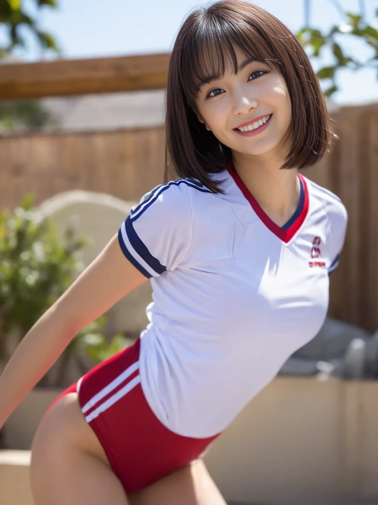 Highest quality, masterpiece, Ultra-high resolution, (Realistic:1.4), Raw photo, One girl, The most famous Japanese actresses, Wearing a volleyball uniform, Very beautiful face, very beautiful big eyes, Very beautiful short hair, Very beautiful skin, Very beautiful long eyelashes, Very beautiful lips, Very beautiful hips, Very beautiful thighs, Upturned buttocks, Dynamic Pose, An innocent smile