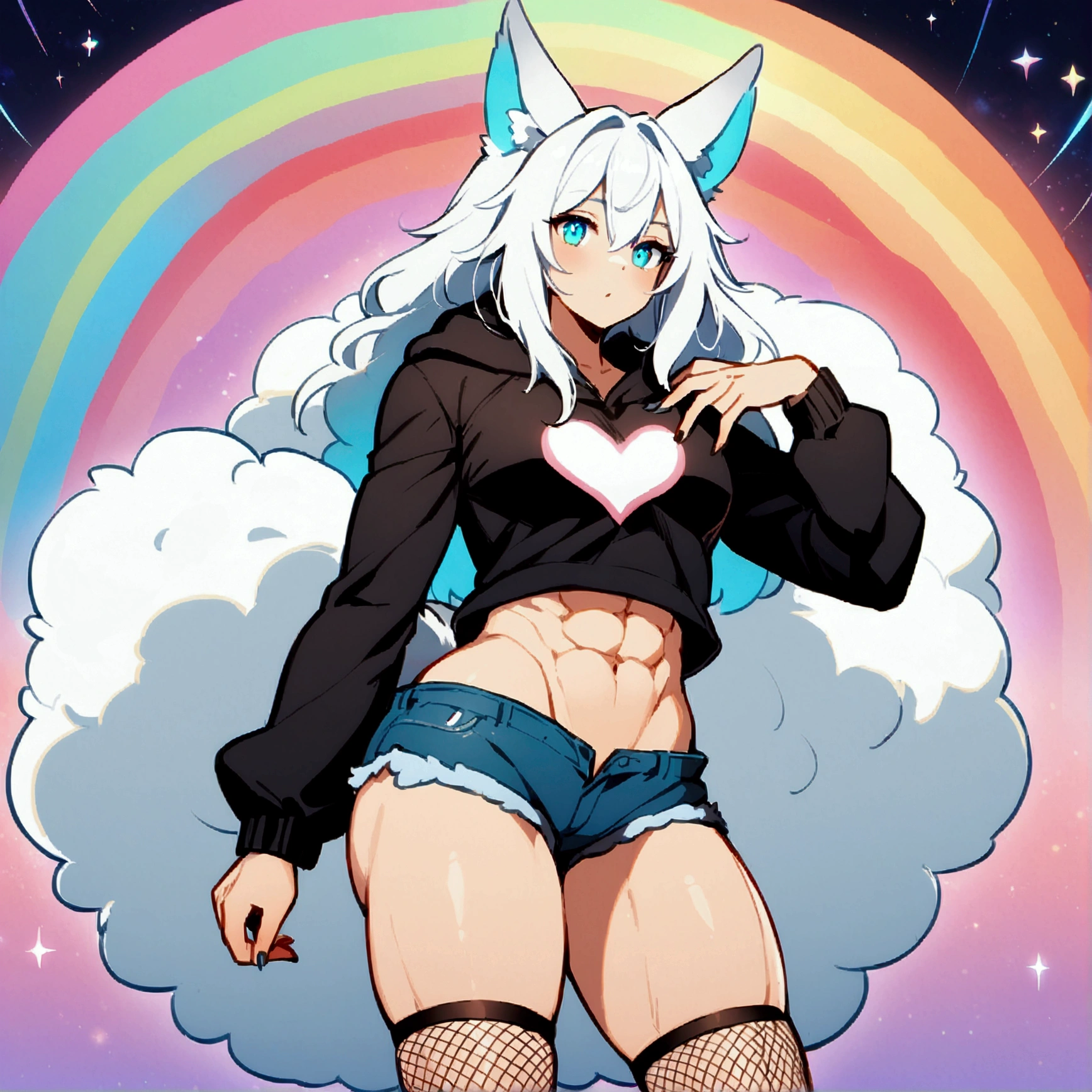 a cute adult male with wolf ears, long white hair, long locks, has a wolf tail, wearing a loose cropped black hoodie, wearing a pair of denim short shorts and fishnet stockings, thick thighs, wide hips, relaxing on mound of fluffy multi colored kawaii plushies, short, very slim, showing slender tummy, heart on hoodie, squishy thighs, has glowing blue eyes. alone, solo (ALONE)(SOLO), surrounded by rainbows, colorful galaxy backround, has abs