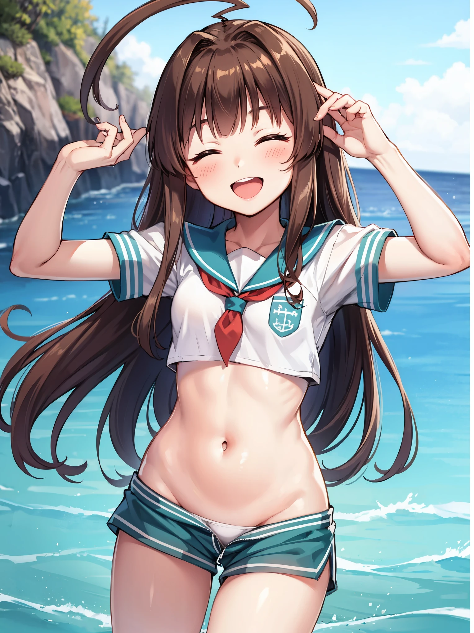 1young_teen_ girl,  brown_hair, long_hair, sailor_uniform,white_ baggy_shorts, short_sleeve, thighs, small_breasts, big_smile, open_mouth, standing, harbor_background, slightly_spread_legs, happiness, covered_crotch,ahoge,XD,exciting,dynamic_posin@,