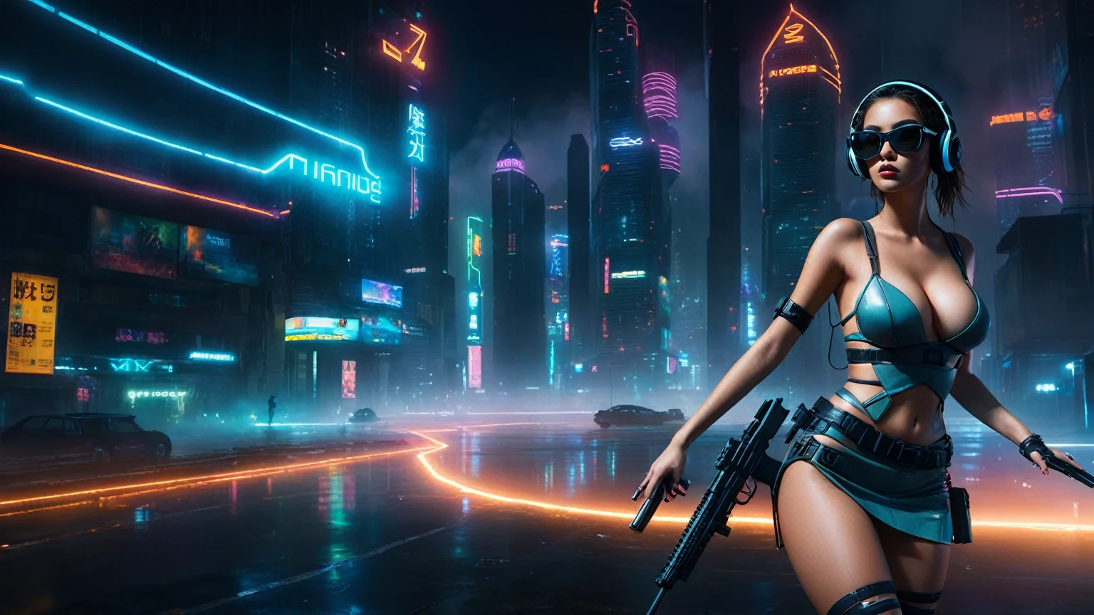 dark futuristic landscape, at night, neon lights, Atmospheric fog, large buildings in the background, futuristic city, streets with open shops, skyscraper (postapocalyptic city:1.3). (((1girl, solo, alone))), large-breast:1.2 slim body, cleavage:1.1, sexy miniskirt, (((headphone, black sunglasses, standing and holding pistol pose))), (((half-body thigh level medium shot))), cinematic lighting, lens flare, ray tracing.