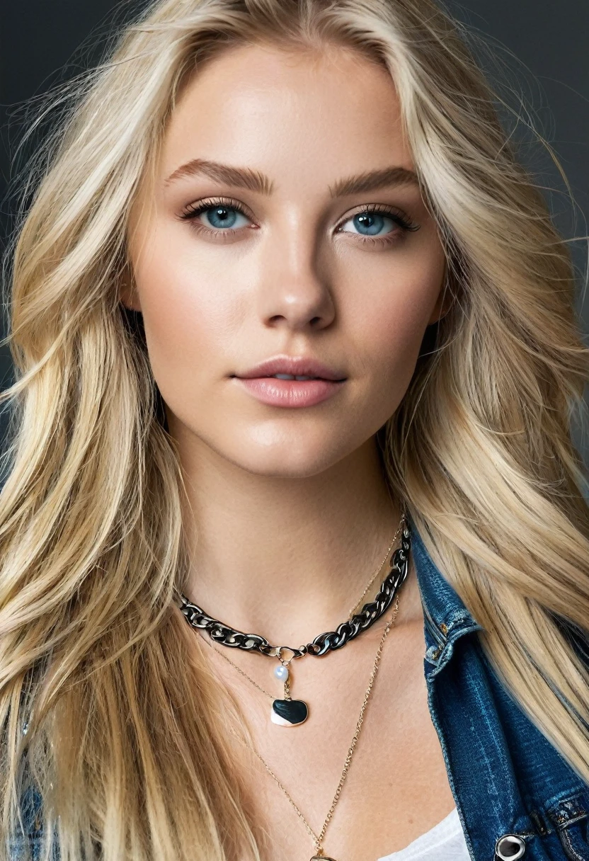  iphone pro 14, extremely beautiful model, 20-year-old woman, Scandinavian, long blonde hair, realisitic, perky breasts, neckleace, top cut, Ripped jeans, Lauren Budd