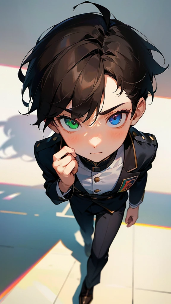 A boy who looked 17, He was in his student uniform, he was walking thoughtfully and at a slow pace., He had facial features that made him look cute., His short hair was dark brown., He had heterochromia which differentiated him from the rest., with his left eye green and the other red, Looking at him, he seemed a little nervous.