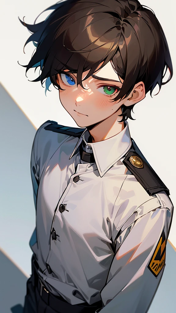 A boy who looked 17, He was in his student uniform, he was walking thoughtfully and at a slow pace., He had facial features that made him look cute., His short hair was dark brown., He had heterochromia which differentiated him from the rest., with his left eye green and the other red, Looking at him, he seemed a little nervous.