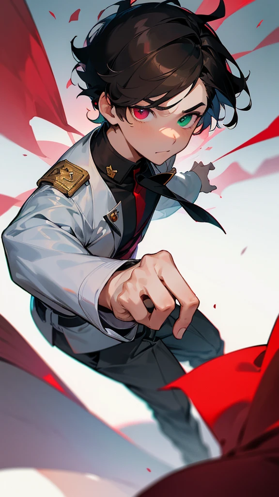 A boy who looked , He was in his student uniform, he was walking thoughtfully and at a slow pace., He had facial features that made him look cute., His short hair was dark brown., He had heterochromia which differentiated him from the rest., with his left eye green and the other red, Looking at him, he seemed a little nervous.