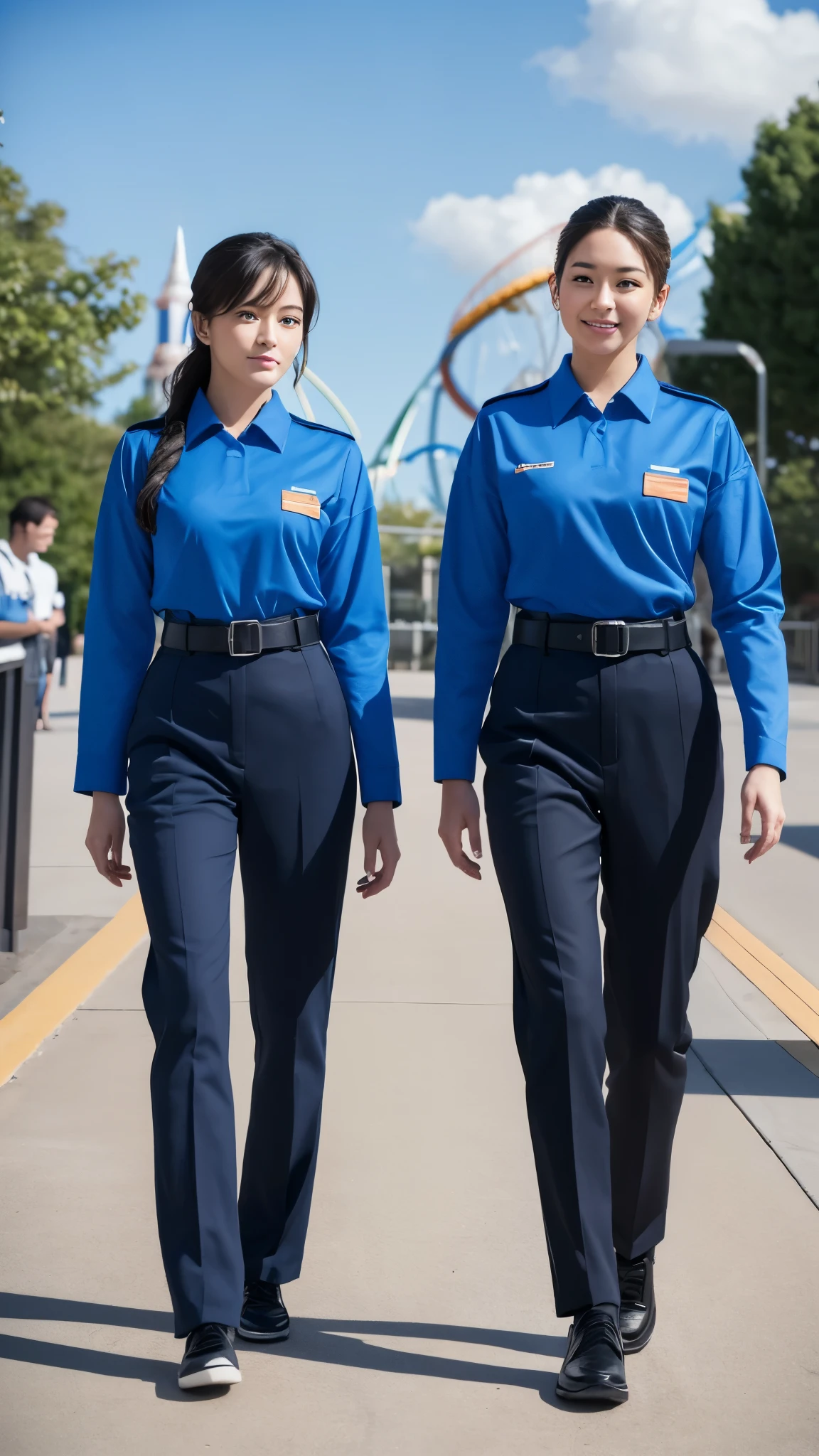 Create an image of two theme park employees standing side by side. They should be wearing matching uniforms that feature a futuristic design with blue as the primary color and orange accents. The uniforms should include black undershirts, black belts, and light blue pants. Both employees should have name tags on their chests. The background should be slightly blurred to focus on the employees.