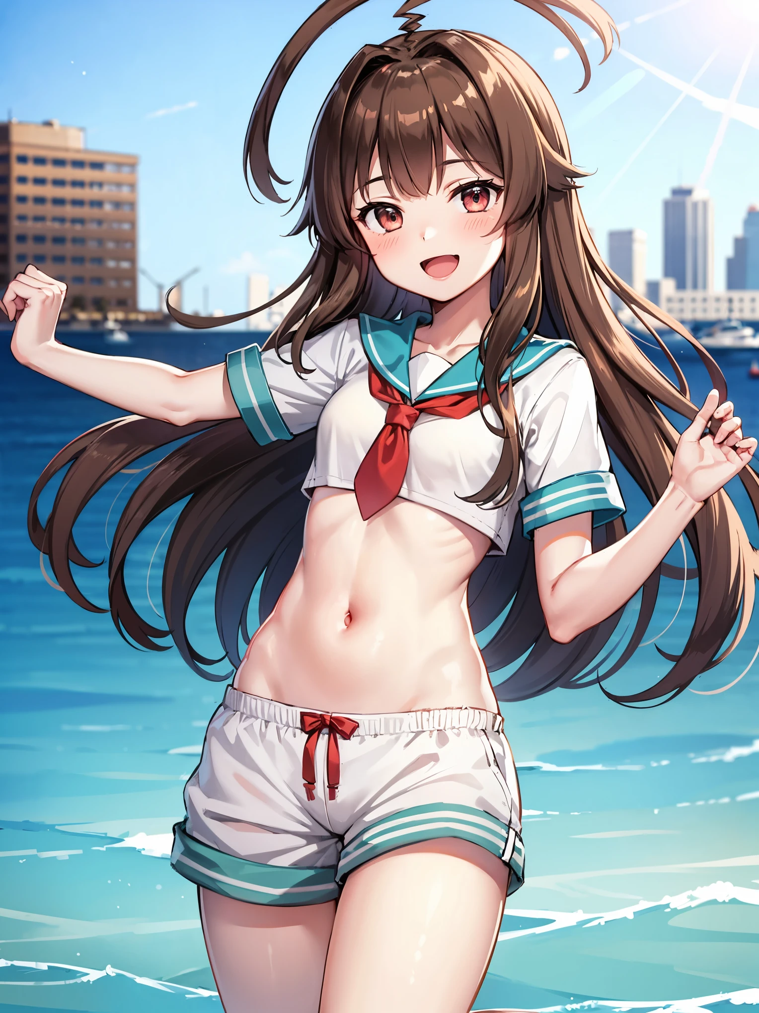 1young_teen_ girl,  brown_hair, long_hair, sailor_uniform,white_ baggy_shorts, short_sleeve, thighs, small_breasts, big_smile, open_mouth, standing, harbor_background, slightly_spread_legs, happiness, covered_crotch,ahoge,XD,exciting,dynamic_posin@,