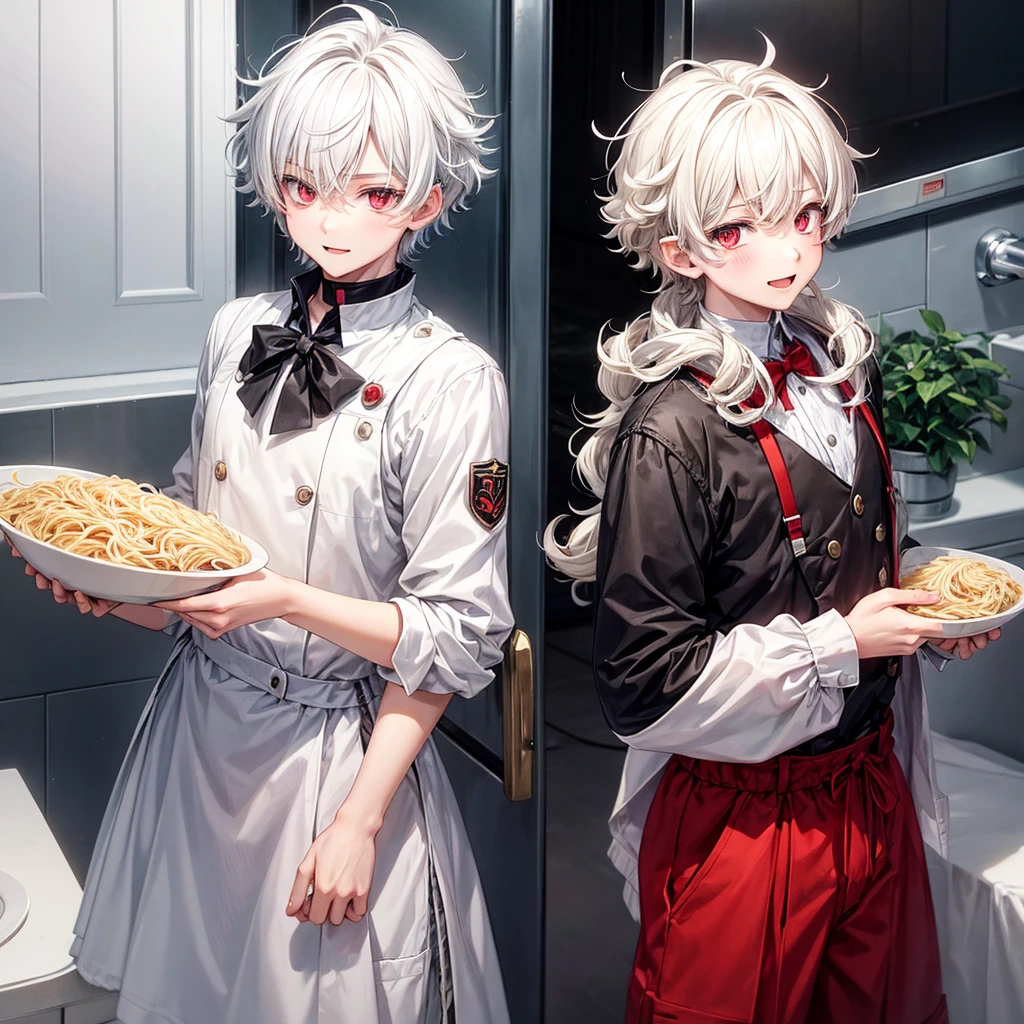 A boy with white hair, red eyes and a little cheerful, he has a uniform medium short hair and he really likes eating pasta and he has a twin sister. His sister is mostly the opposite of him and has long curly hair and is older. that the boy and have casual clothes