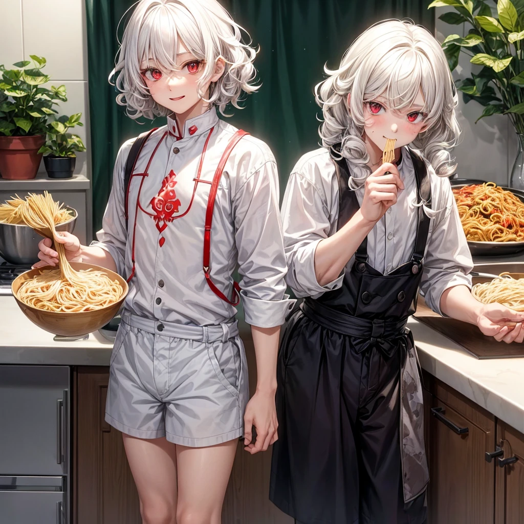 A boy with white hair, red eyes and a little cheerful, he has a uniform medium short hair and he really likes eating pasta and he has a twin sister. His sister is mostly the opposite of him and has long curly hair and is older. that the boy and have casual clothes