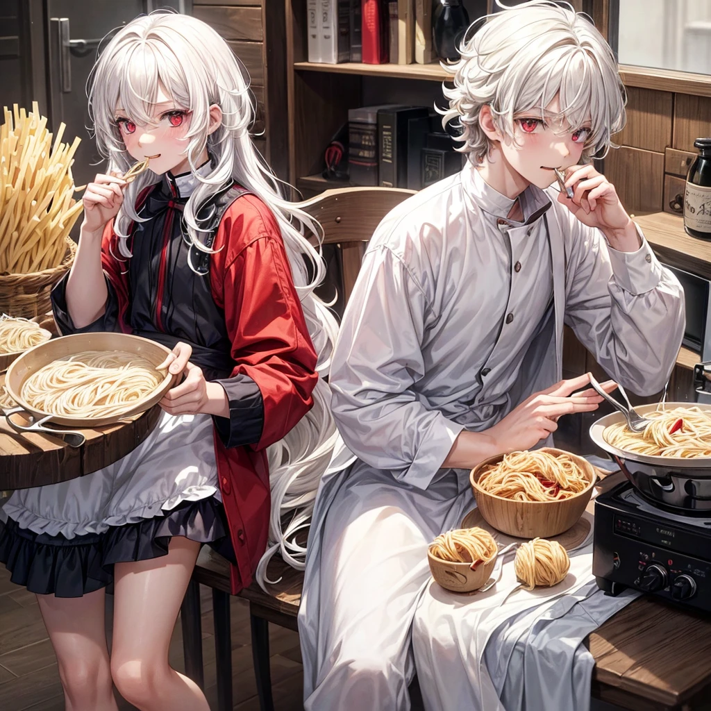 A boy with white hair, red eyes and a little cheerful, he has a uniform medium short hair and he really likes eating pasta and he has a twin sister. His sister is mostly the opposite of him and has long curly hair and is older. that the boy and have casual clothes