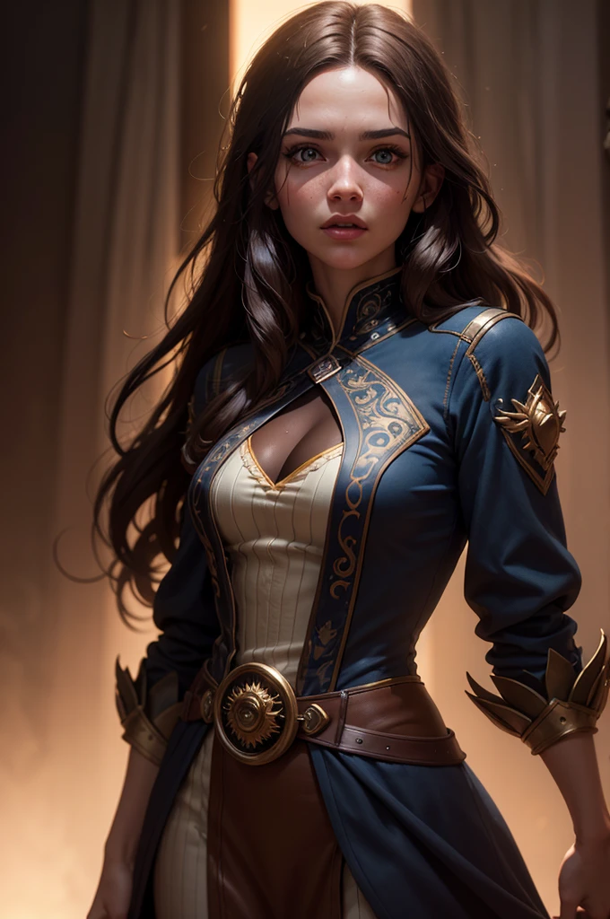 a beautiful young woman with long brown hair, everyday dress, fantasy character, masterfully detailed face, cinematic lighting, highly detailed, hyper realistic, octane render, muted color palette, dramatic chiaroscuro lighting