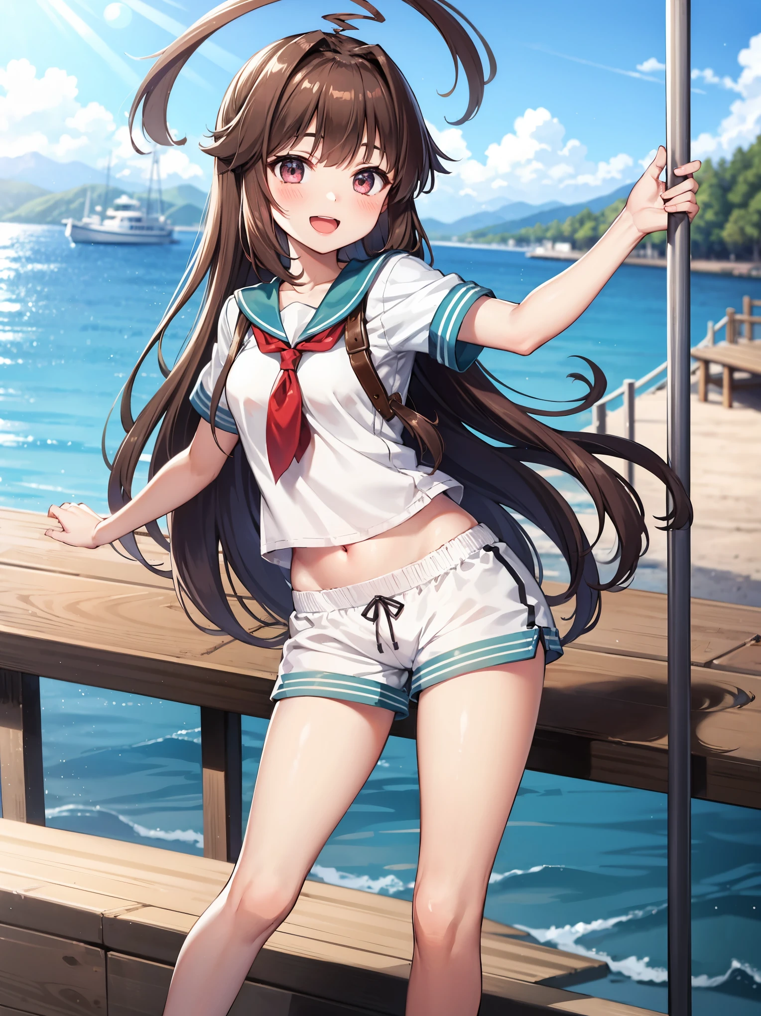 1young__ girl,  brown_hair, long_hair, sailor_uniform,white_ baggy_shorts, short_sleeve, thighs, small_breasts, big_smile, open_mouth, standing, harbor_background, slightly_spread_legs, happiness, covered_crotch,ahoge,XD,exciting,dynamic_posin@,