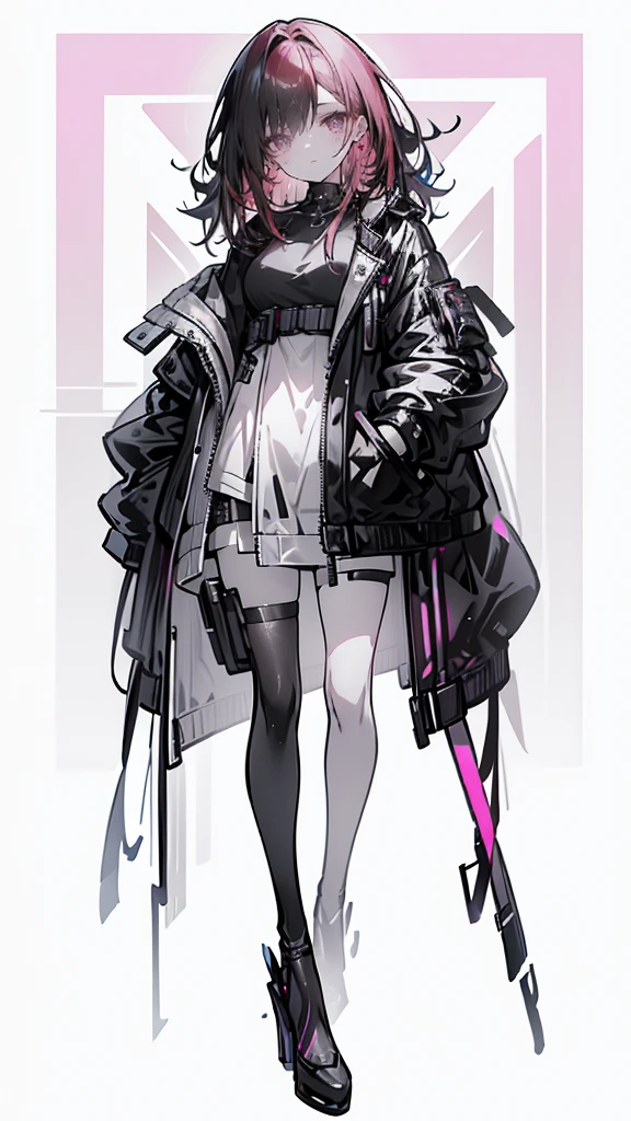 detailed portrait of a beautiful girl with red hair, blue eyes, wearing cyberpunk style clothing with hand in pocket, against a pink background with black high heels, highly detailed, 4k, photorealistic, cinematic lighting