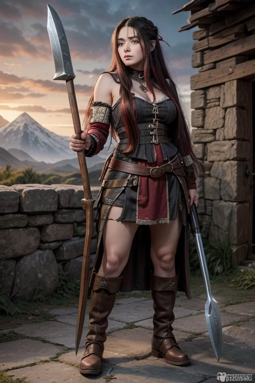create a medium-sized dwarf with long black hair and red highlights in her hair with an outfit full of full-body blacksmith accessories and an ax in her hand in the Lord of the Rings color digital art style Com mechas de cabelo vermelhas
