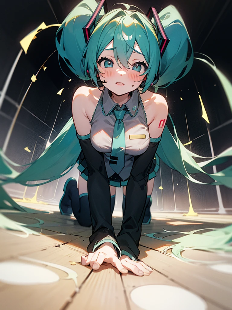 Hatsune Miku,uncensored, pudendum, no panties,vagina, squat down close-up,ultra-detailed(best quality, highres, masterpiece:1.2),vibrant hair, detailed eyes and face