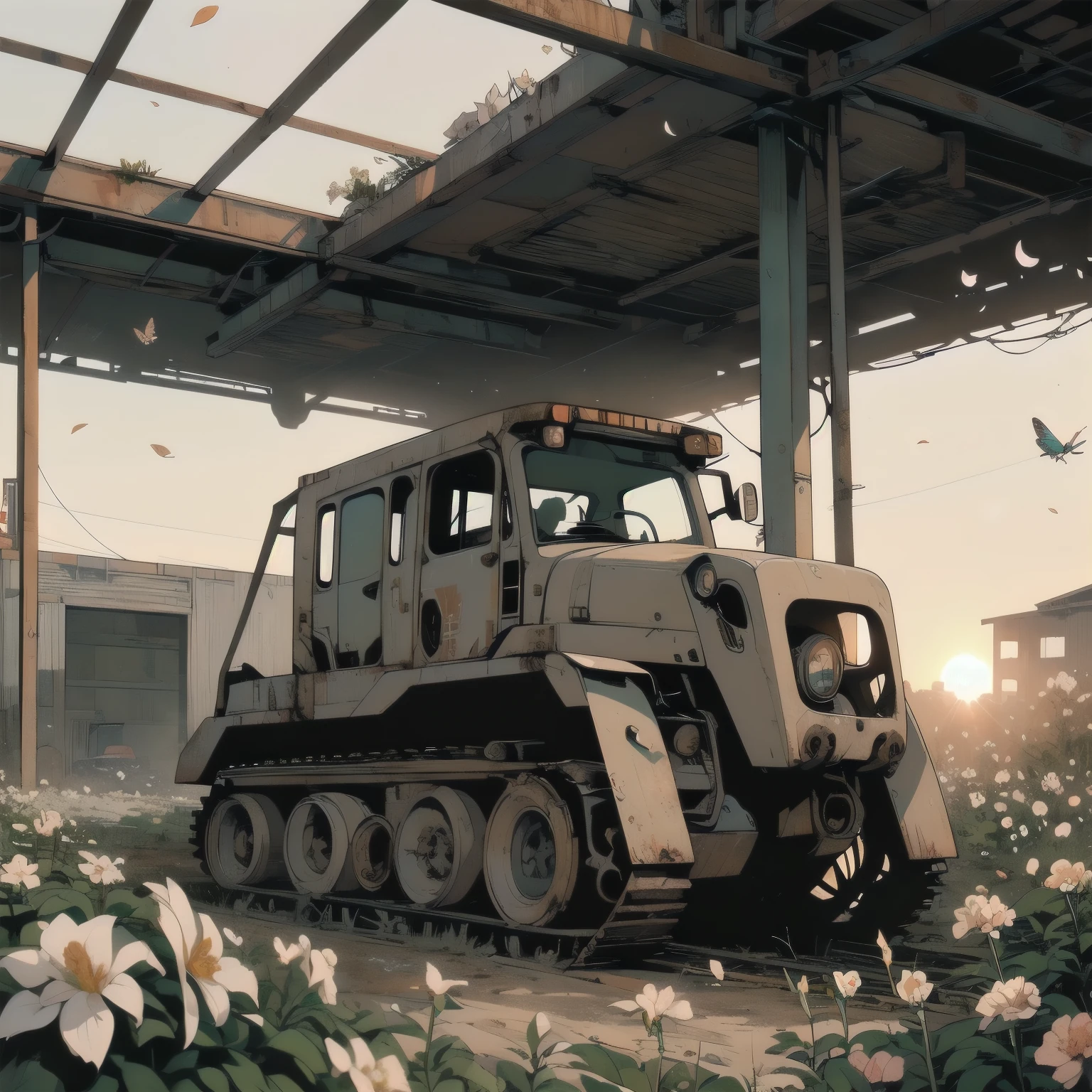 Detailed Machinery、Abandoned Factory、Atrium、(((White Flower Field)))、(((Rusty heavy equipment)))、Gorgeous light leaks、(((Sunset)))、fog、Detailed Background、Highest quality、(((No humans)))、Broken heavy machinery、Complex heavy machinery、Faint lighting、(((Fluttering white petals)))、sunset、(((Dull colors)))、(((Rusty detailed heavy machinery)))、(((Many white flowers fly)))、(((Heavy machinery covered in flowers)))、(((Lots of butterflies)))、(((Abandoned Garage)))