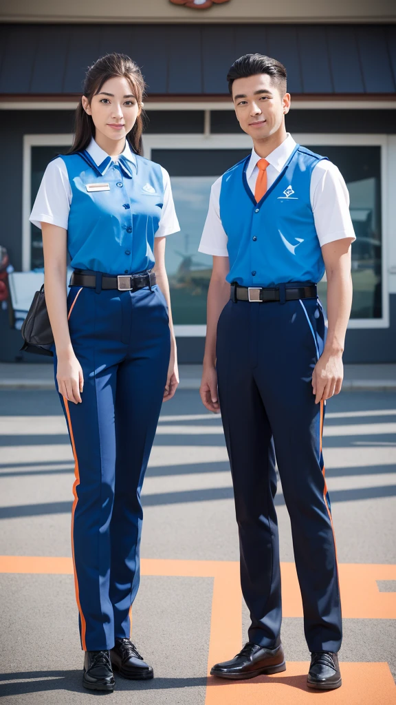 Create an image of two theme park employees standing side by side. They should be wearing matching uniforms that feature a futuristic design with blue as the primary color and orange accents. The uniforms should include black undershirts, black belts, and light blue pants. Both employees should have name tags on their chests. The background should be slightly blurred to focus on the employees.