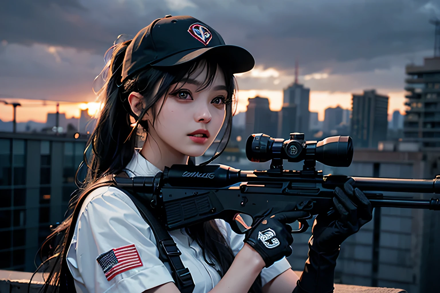 A highly detailed and realistic 8K portrait of a confident and beautiful female sniper with long black hair in a ponytail, wearing a black suit, headset and wielding a long sniper rifle with scope, standing on the rooftop of an office building in a city skyline, with a perfect anatomical physique and a charming smile, (best quality,8k,highres,photorealistic,masterpiece:1.2),ultra-detailed,physically-based rendering,professional,vivid colors,HDR,studio lighting,sharp focus,1girl,beautiful detailed eyes,beautiful detailed lips,extremely detailed face and skin,long eyelashes,confident expression,office building,cityscape,sniper rifle,scope,ponytail, gun, black gloves、(Aim a sniper rifle accurately)、(Put on a cap:1.2)、(Place your hand on the headset)