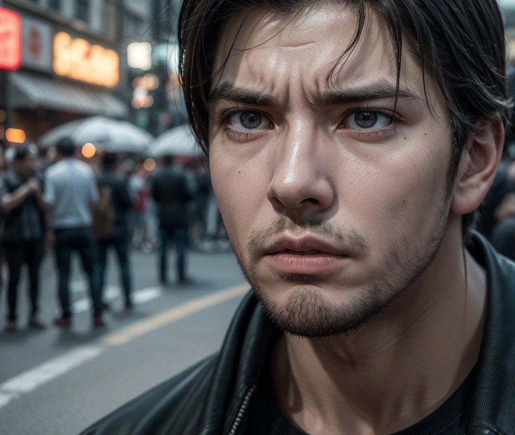 a brave man, a street with many people, bad attitudes, an indignant and shocked man, (best quality,4k,8k,highres,masterpiece:1.2),ultra-detailed,(realistic,photorealistic,photo-realistic:1.37),hyperrealistic, extremely detailed face, detailed facial features, penetrating gaze, clenched fist, dynamic composition, dramatic lighting, intense colors, gritty urban setting, crowds of people, angry expressions, tense atmosphere