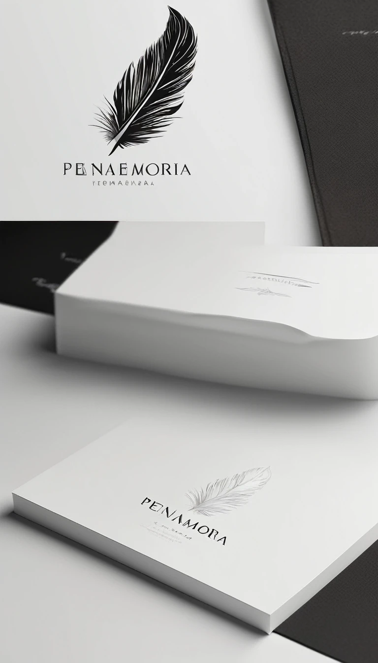 A minimal, modern, simple, cinematic logo design for the brand “Penamemoria". Create a modern, minimalistic, high-quality, logo of a dreamy. fantastic, poetic, masterpiece bird feather

