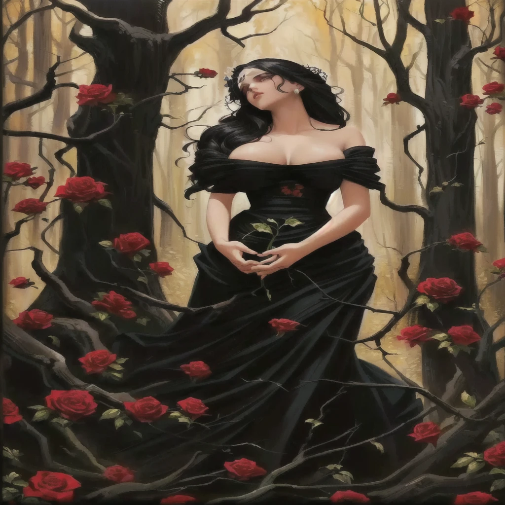 chiaroscuro technique on sensual illustration of an queen of wands, vintage queen, eerie, matte painting, by Hannah Dale, by Harumi Hironaka, extremely soft colors, hint of pastel autumn vibrant, highly detailed, digital artwork, high contrast, dramatic, refined, tonal, highest quality，anatomy correct，ultra-wide-angle，depth of fields