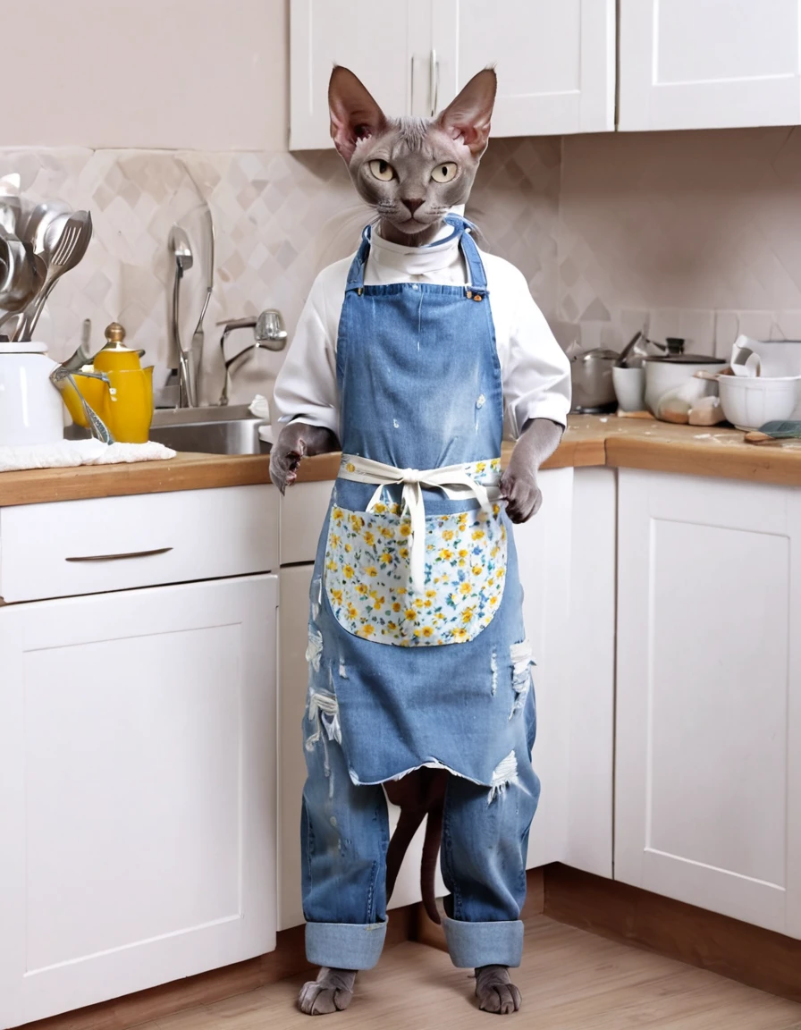 anthropomorphic photograph of a sphinx cat, washing dishes in a kitchen, the cat is dressed in torn light blue denim overalls and a white flowered apron, full body image, in full HD, 16k