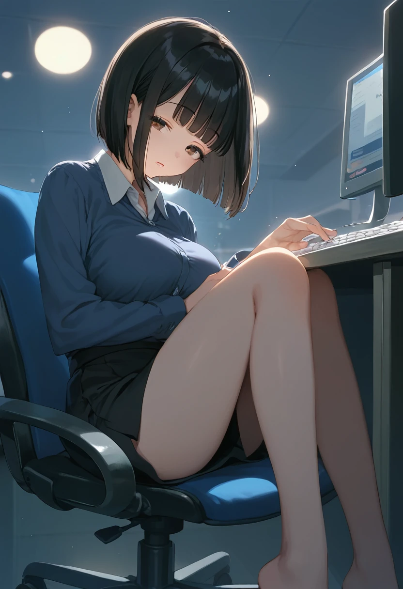 score_9,score_8_up,score_7_up,masterpiece,best quality, source anime, official art, super detailed, extreme detailed, rating_safe,
1girl, sitting on chair, (tilt head:1.4), typing on the keyboard, sleeping, Falling asleep while working overtime,
BREAK girl, 22yo, short hair, bob cut, (blunt bangs), black hair, (tareme, detailed cute brown eyes), curled eyelashes, (large breasts:0.9), 
shiny hair, beautiful detailed eyes, beautiful face,
slender, small ass, slim legs,
white collared shirt, black tight mini skirt,  
(closed eyes:1.2), parted lips, drooling,
office, night, dark room, dark background, dim light, computer, screen,