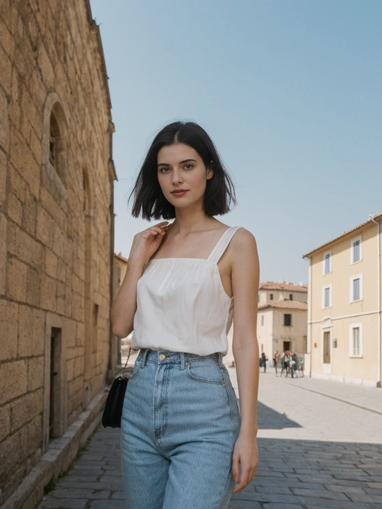 her name is Amelie, high quality, 1girl, ((25-year-old fit Caucasian woman)), ((25 years old)), ((SLIM)), ((Micro Bob dark hair)), pose: standing, wearing Popular Generation-Z modern wear elegant colored, BACKGROUND:"Walking along the city walls, with panoramic views of the terracotta rooftops and the Adriatic Sea."