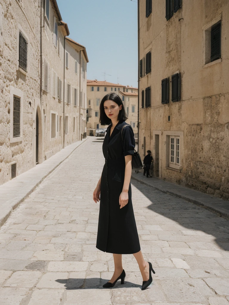her name is Amelie, high quality, 1girl, ((25-year-old fit Caucasian woman)), ((25 years old)), ((SLIM)), ((Micro Bob dark hair)), pose: standing, wearing Popular Generation-Z modern wear elegant colored, BACKGROUND:"Walking along the city walls, with panoramic views of the terracotta rooftops and the Adriatic Sea."
