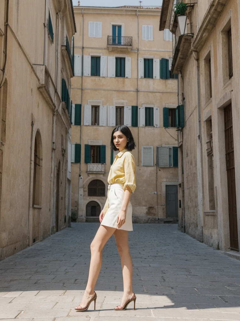 her name is Amelie, high quality, 1girl, ((25-year-old fit Caucasian woman)), ((25 years old)), ((SLIM)), ((Micro Bob dark hair)), pose: standing, wearing Popular Generation-Z modern wear elegant colored, BACKGROUND:"Walking along the city walls, with panoramic views of the terracotta rooftops and the Adriatic Sea."