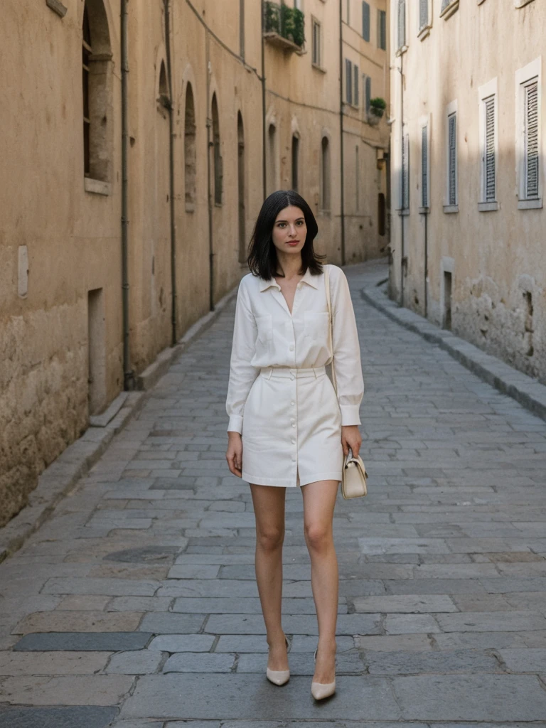 her name is Amelie, high quality, 1girl, ((25-year-old fit Caucasian woman)), ((25 years old)), ((SLIM)), ((Micro Bob dark hair)), pose: standing, wearing Popular Generation-Z modern wear elegant colored, BACKGROUND:"Walking along the city walls, with panoramic views of the terracotta rooftops and the Adriatic Sea."