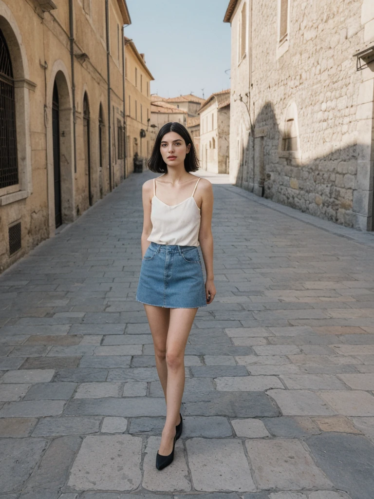 her name is Amelie, high quality, 1girl, ((25-year-old fit Caucasian woman)), ((25 years old)), ((SLIM)), ((Micro Bob dark hair)), pose: standing, wearing Popular Generation-Z modern wear elegant colored, BACKGROUND:"Walking along the city walls, with panoramic views of the terracotta rooftops and the Adriatic Sea."