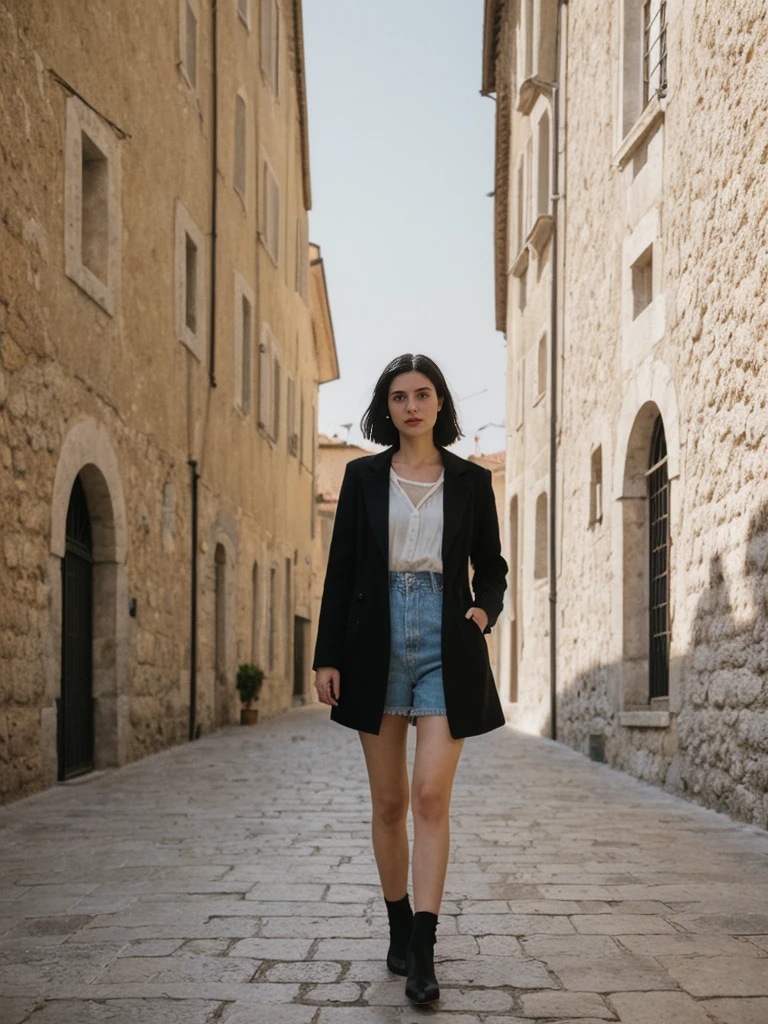 her name is Amelie, high quality, 1girl, ((25-year-old fit Caucasian woman)), ((25 years old)), ((SLIM)), ((Micro Bob dark hair)), pose: standing, wearing Popular Generation-Z modern wear elegant colored, BACKGROUND:"Walking along the city walls, with panoramic views of the terracotta rooftops and the Adriatic Sea."