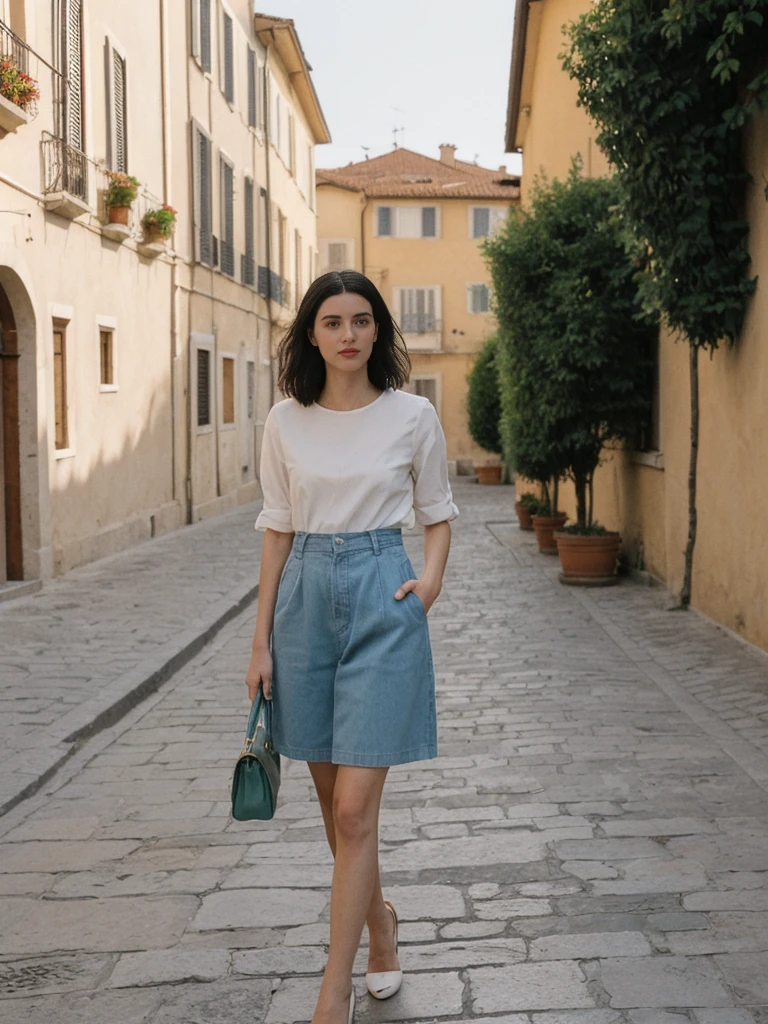 her name is Amelie, high quality, 1girl, ((25-year-old fit Caucasian woman)), ((25 years old)), ((SLIM)), ((Micro Bob dark hair)), pose: standing, wearing Popular Generation-Z modern wear elegant colored, BACKGROUND:"Walking along the city walls, with panoramic views of the terracotta rooftops and the Adriatic Sea."