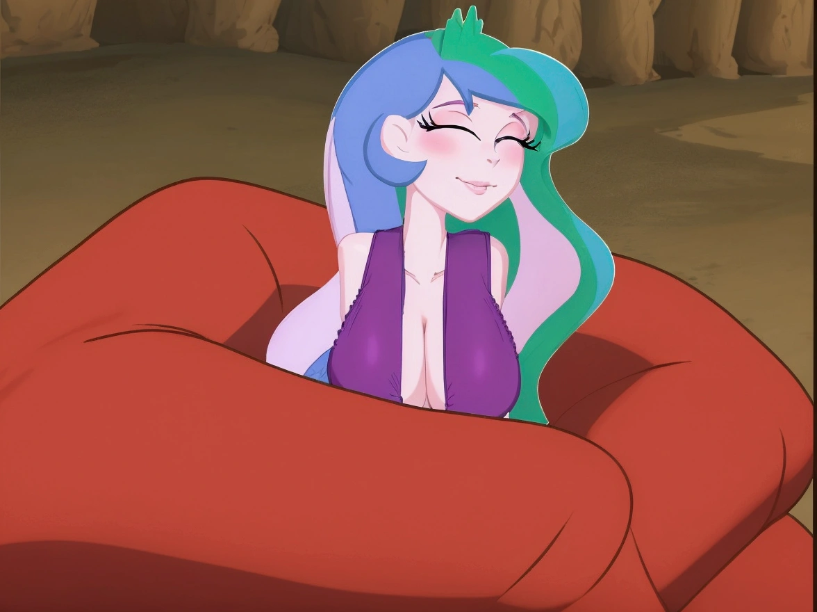 cartoon of a woman with blue hair and a purple dress, holding a pudica pose, sexy pudica pose gesture, windy mane, anthropomorphic mare, doing a hot majestic pose, celestia, serpentine pose, furr covering her chest, scales covering her chest, pudica pose, relaxed pose, wistful bosom, satisfied pose