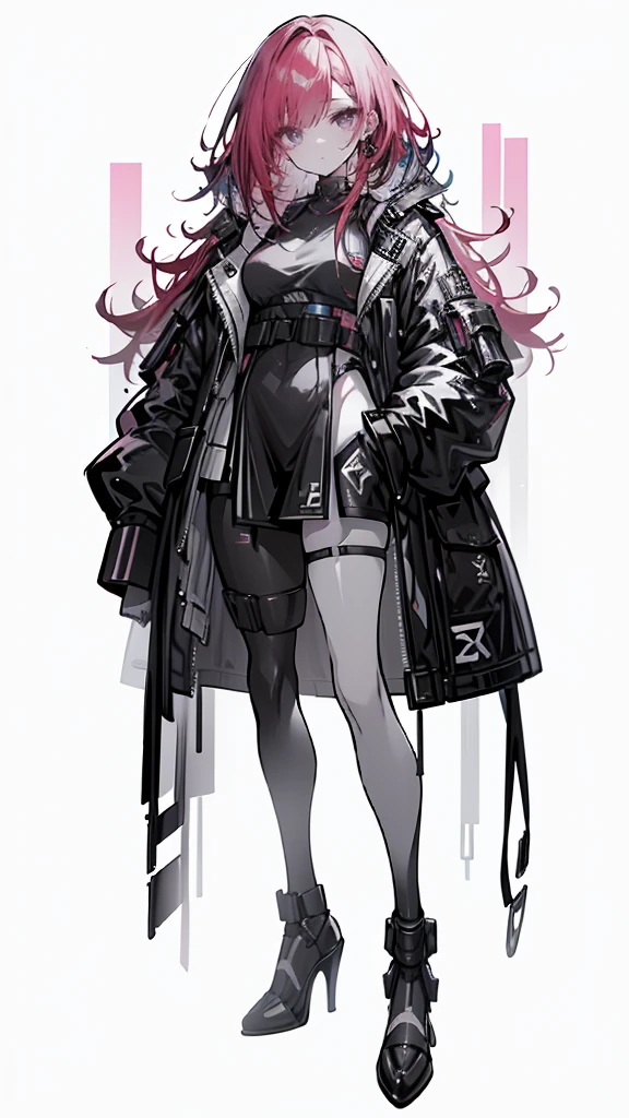 detailed portrait of a beautiful girl with red hair, blue eyes, wearing cyberpunk style clothing with hand in pocket, against a pink background with black high heels, highly detailed, 4k, photorealistic, cinematic lighting