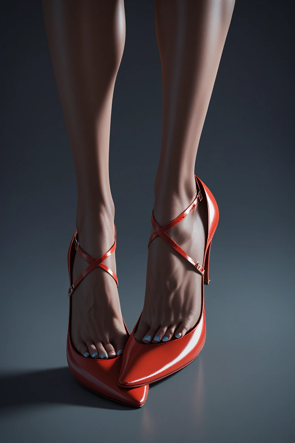 Feet with a pair of stinky red pair of heels, closeup shot, shoes focus. Deep dark background. Masterpiece, UHD