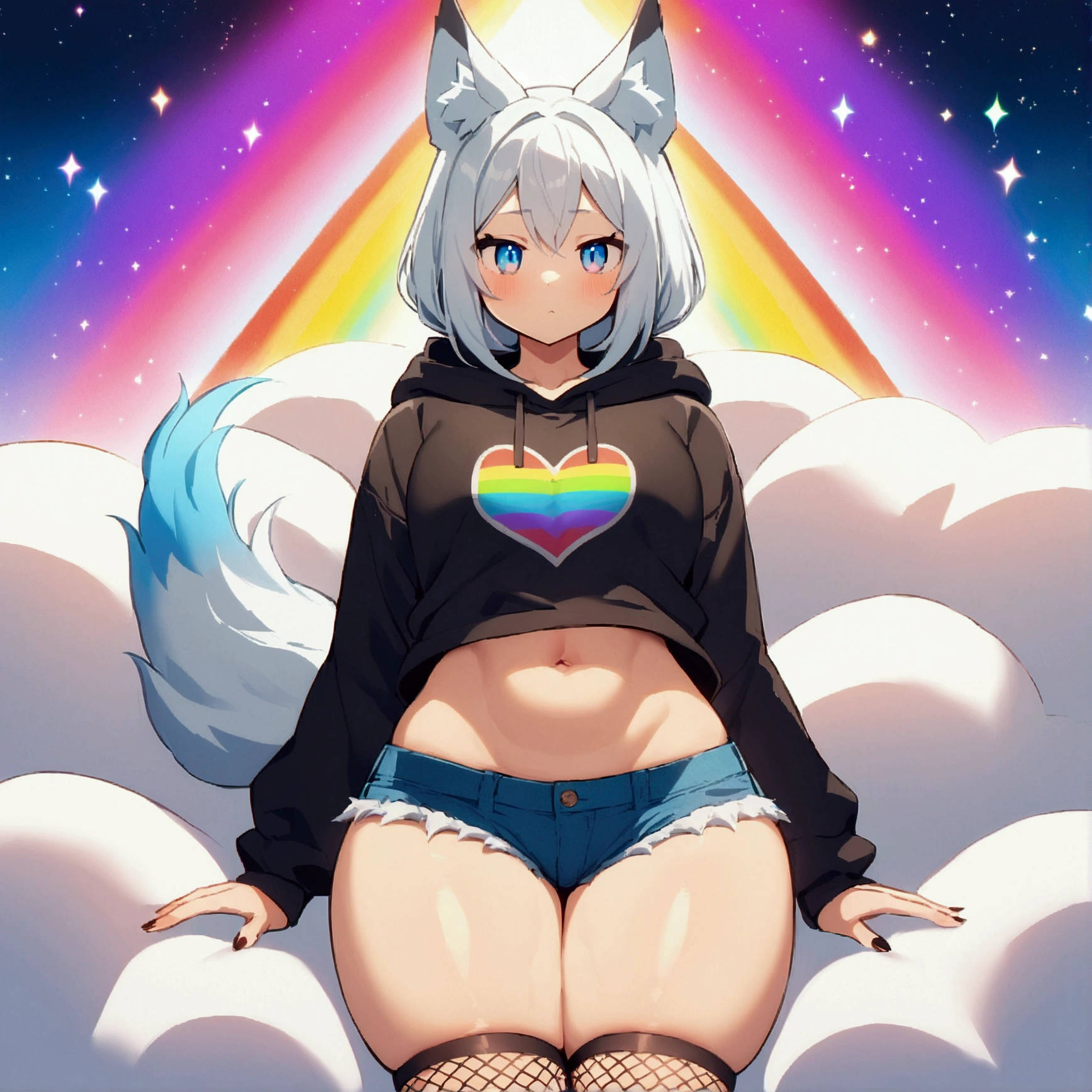 a cute adult male with wolf ears, long white hair, long locks, has a wolf tail, wearing a loose cropped oversized black hoodie, wearing a pair of denim short shorts and fishnet stockings, thick thighs, wide hips, relaxing on mound of fluffy multi colored kawaii plushies, short, very slim, showing slender tummy, heart on hoodie, squishy thighs, has glowing blue eyes. alone, solo (ALONE)(SOLO), surrounded by rainbows, colorful galaxy backround
