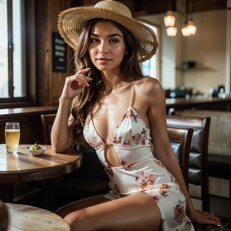 a young woman with a slender, healthy body, joyful expression and body confidence, wearing a long floral dress and a straw hat, sitting and eating a typical dish in a restaurant in Venice, Italy, beautiful detailed eyes, beautiful detailed lips, extremely detailed eye and face, long eyelashes, athletic physique, natural lighting, dynamic pose, clean background, swirly vibrant colors, cinematic lighting, (best qualityer,4K,8K,high resolution,work of art:1.2),ultra detali,(realisitic,photorealisitic,photo-realisitic:1.37),fashion clothes 2024,chic,dynamic,mighty